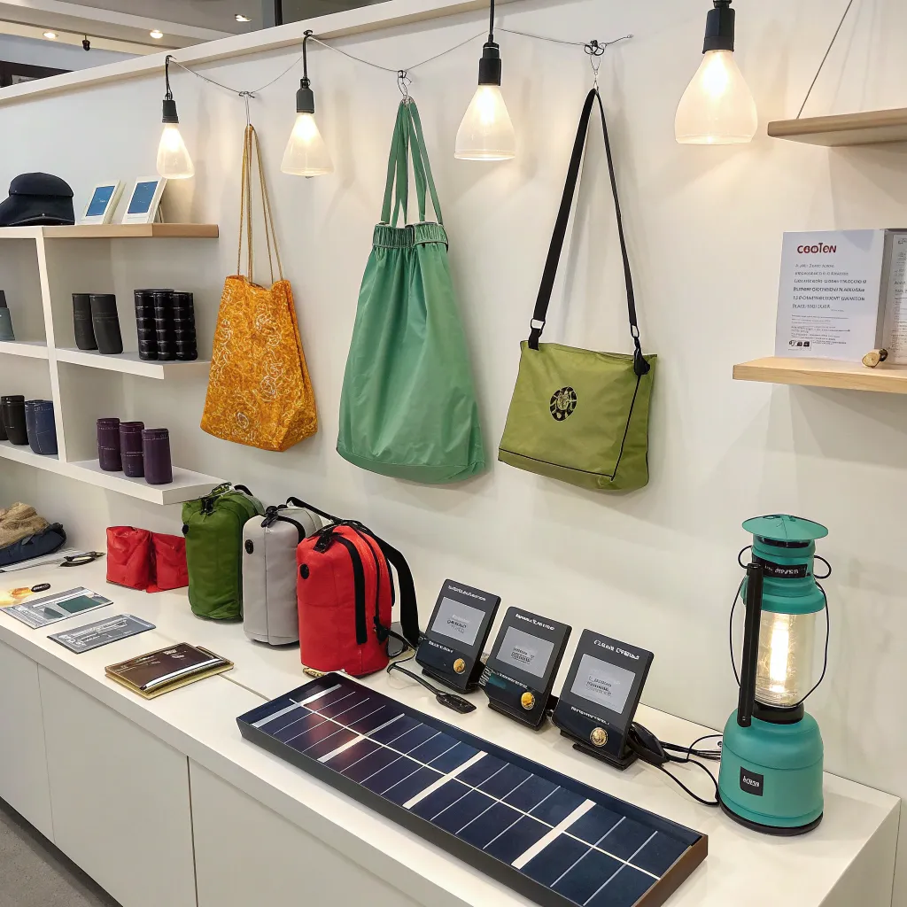 A display of eco-friendly products including reusable bags and solar-powered gadgets